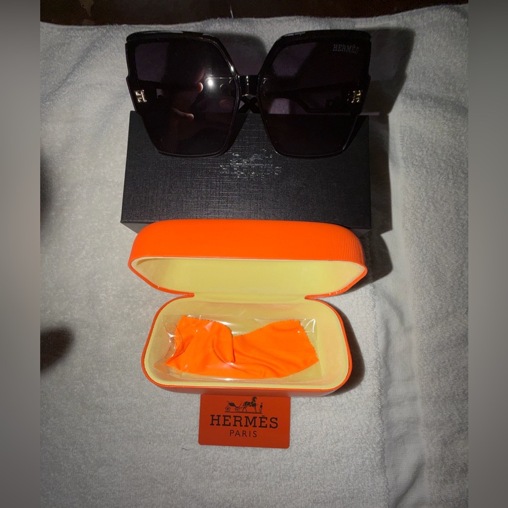 Hermes Women's Oversized Square Sunglasses in Black with Orange Case
